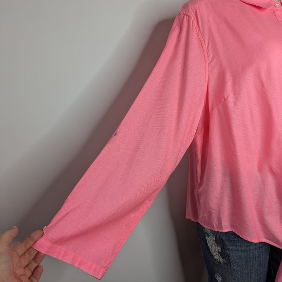 Fresh Produce pink 100% cotton button up long sleeve tie front shirt 2X - Picture 4 of 9